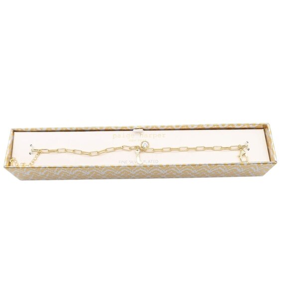 PAIGE HARPER Gold Plate Tone Letter "T" Crystal Charm Chain Bracelet NEW Dainty - Picture 1 of 6